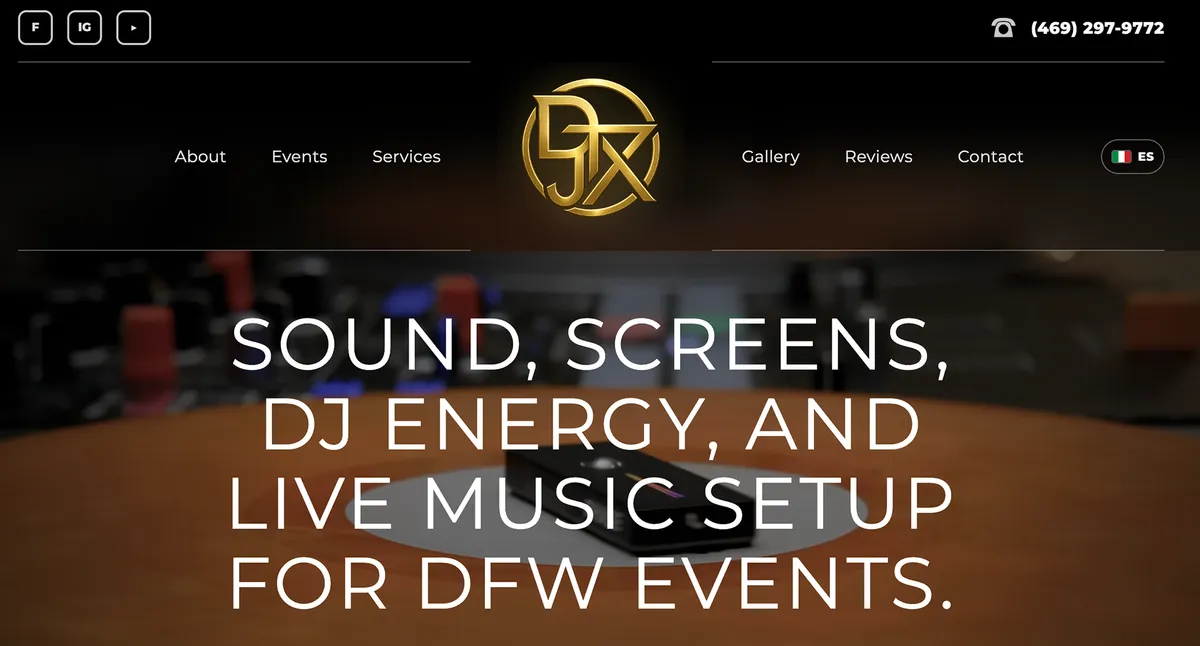 DJX event services homepage with a gold logo and DJ equipment