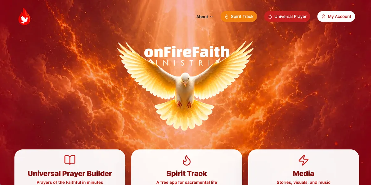 OnFireFaith homepage with a white dove, fiery sky, and ministry tools