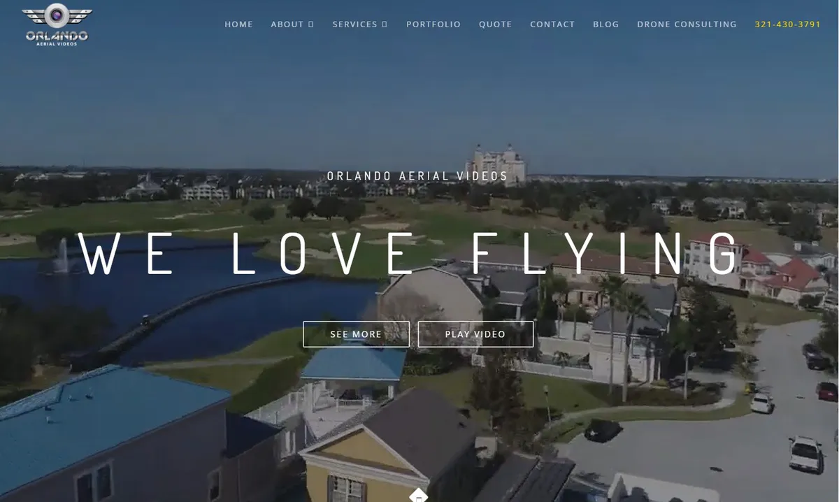 Orlando Aerial Videos homepage featuring an aerial view and We Love Flying headline