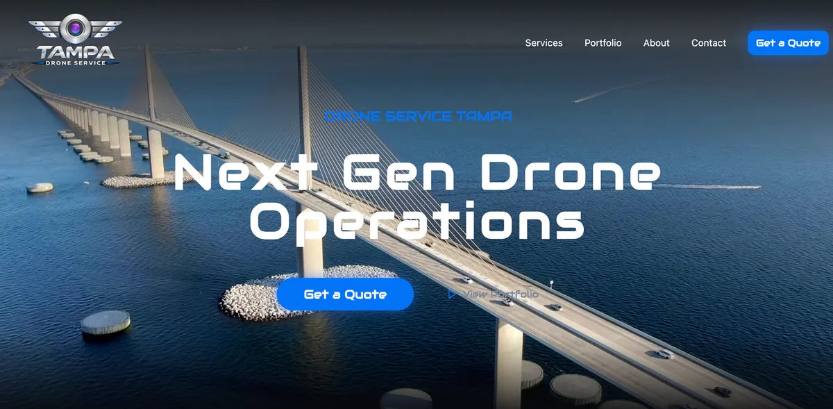 Tampa Drone Service homepage with a bridge aerial photograph and blue accents